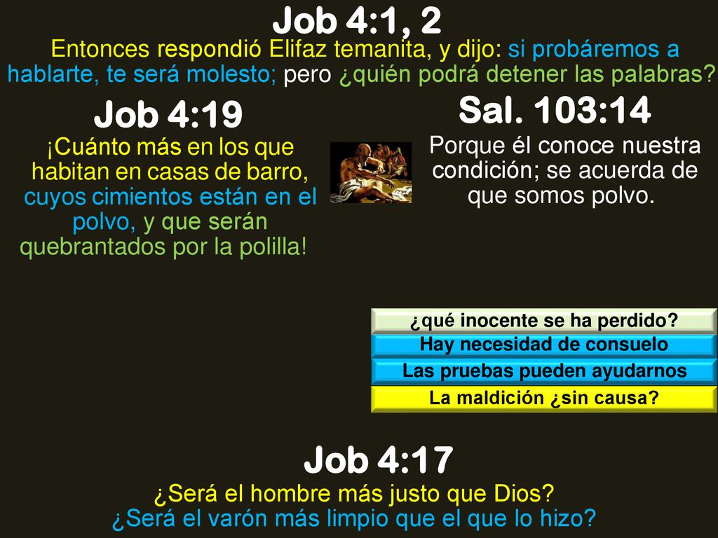 Job 4:1, 2 Entonces respondió Elifaz temanita, y dijo: si probáremos a hablarte, te será molesto; pero ¿quién podrá detener las palabras