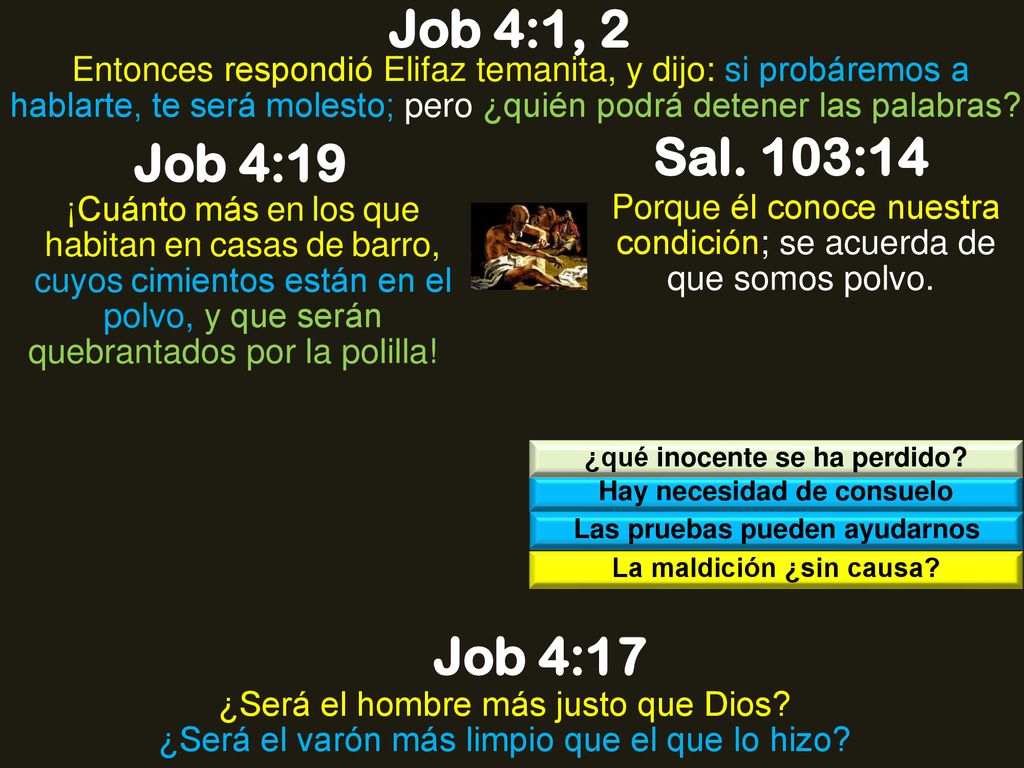 Job 4:1, 2 Entonces respondió Elifaz temanita, y dijo: si probáremos a hablarte, te será molesto; pero ¿quién podrá detener las palabras