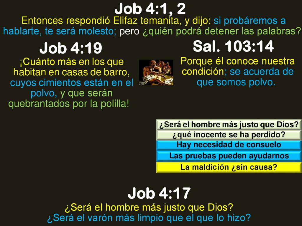 Job 4:1, 2 Entonces respondió Elifaz temanita, y dijo: si probáremos a hablarte, te será molesto; pero ¿quién podrá detener las palabras