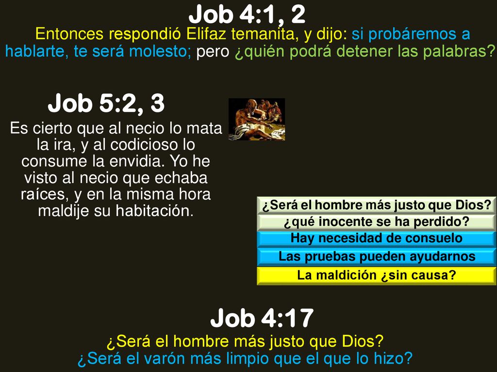 Job 4:1, 2 Entonces respondió Elifaz temanita, y dijo: si probáremos a hablarte, te será molesto; pero ¿quién podrá detener las palabras