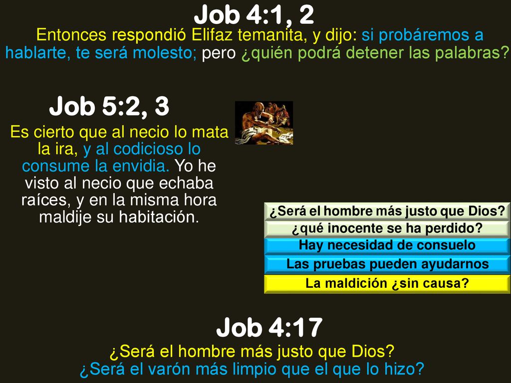 Job 4:1, 2 Entonces respondió Elifaz temanita, y dijo: si probáremos a hablarte, te será molesto; pero ¿quién podrá detener las palabras