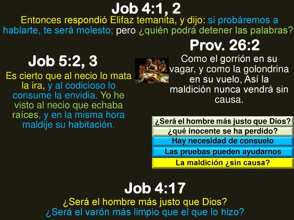 Job 4:1, 2 Entonces respondió Elifaz temanita, y dijo: si probáremos a hablarte, te será molesto; pero ¿quién podrá detener las palabras