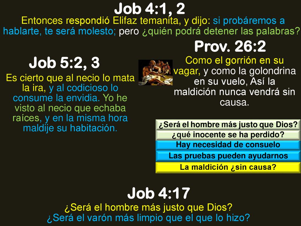 Job 4:1, 2 Entonces respondió Elifaz temanita, y dijo: si probáremos a hablarte, te será molesto; pero ¿quién podrá detener las palabras