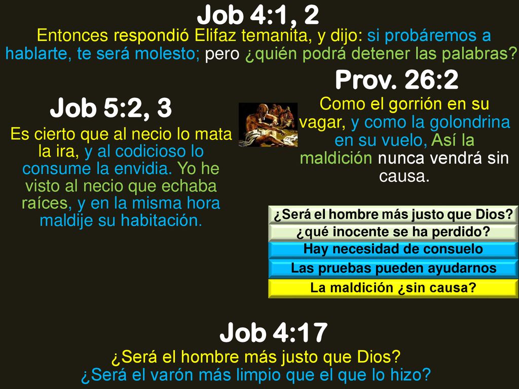 Job 4:1, 2 Entonces respondió Elifaz temanita, y dijo: si probáremos a hablarte, te será molesto; pero ¿quién podrá detener las palabras