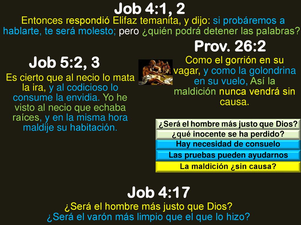 Job 4:1, 2 Entonces respondió Elifaz temanita, y dijo: si probáremos a hablarte, te será molesto; pero ¿quién podrá detener las palabras