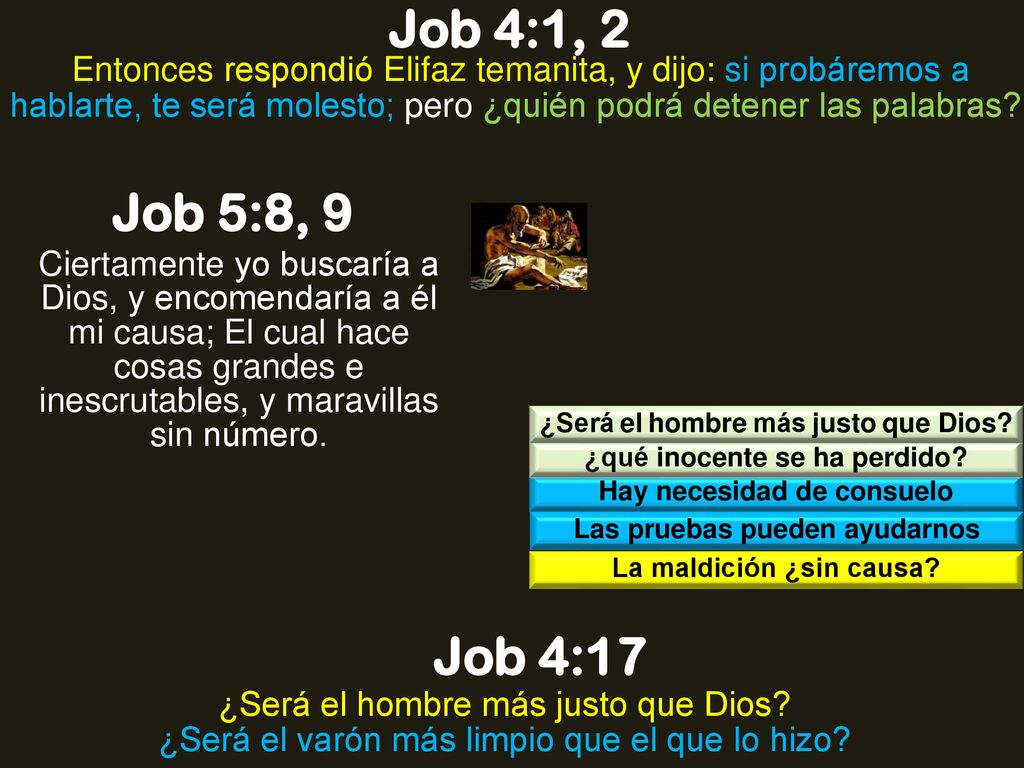 Job 4:1, 2 Entonces respondió Elifaz temanita, y dijo: si probáremos a hablarte, te será molesto; pero ¿quién podrá detener las palabras