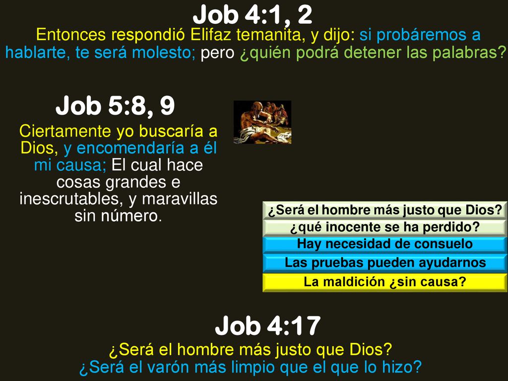 Job 4:1, 2 Entonces respondió Elifaz temanita, y dijo: si probáremos a hablarte, te será molesto; pero ¿quién podrá detener las palabras