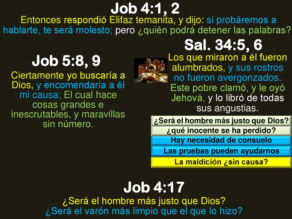 Job 4:1, 2 Entonces respondió Elifaz temanita, y dijo: si probáremos a hablarte, te será molesto; pero ¿quién podrá detener las palabras