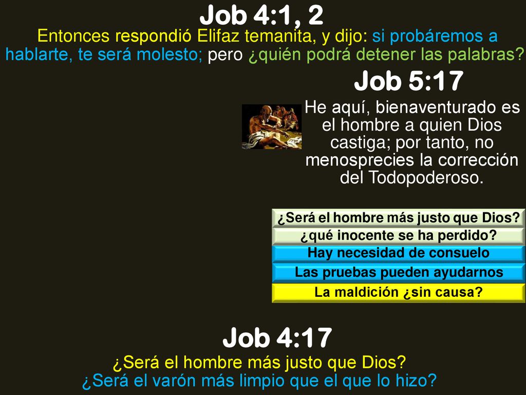 Job 4:1, 2 Entonces respondió Elifaz temanita, y dijo: si probáremos a hablarte, te será molesto; pero ¿quién podrá detener las palabras