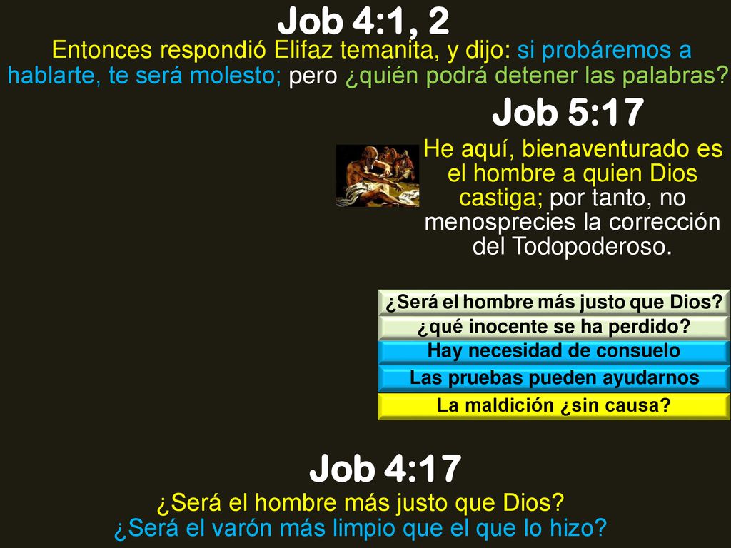 Job 4:1, 2 Entonces respondió Elifaz temanita, y dijo: si probáremos a hablarte, te será molesto; pero ¿quién podrá detener las palabras