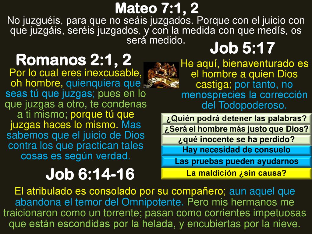 Job 5:17 Romanos 2:1, 2 Job 6:14-16 Mateo 7:1, 2