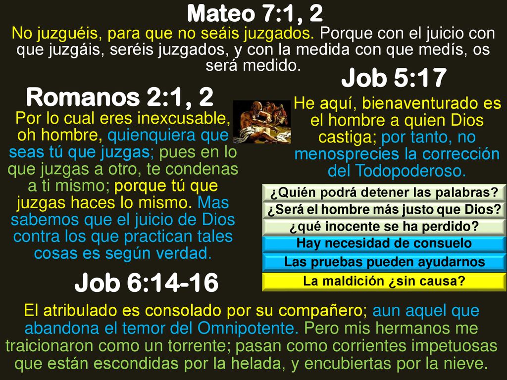 Job 5:17 Romanos 2:1, 2 Job 6:14-16 Mateo 7:1, 2