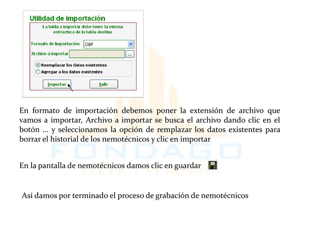 En formato de importación debemos poner la extensión de archivo que vamos a importar, Archivo a importar se busca el archivo dando clic en el botón … y seleccionamos la opción de remplazar los datos existentes para borrar el historial de los nemotécnicos y clic en importar