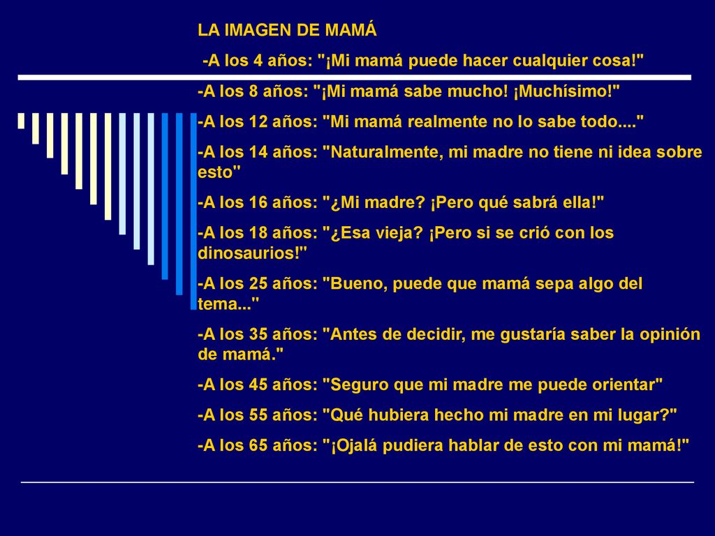 LA IMAGEN DE MAMÁ -A los 4 años: ¡Mi mamá puede hacer cualquier cosa! -A los 8 años: ¡Mi mamá sabe mucho! ¡Muchísimo!