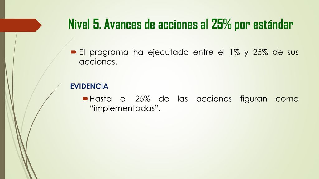 Nivel 5. Avances de acciones al 25% por estándar