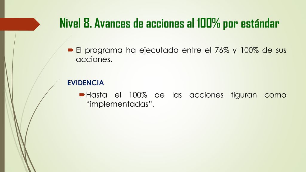 Nivel 8. Avances de acciones al 100% por estándar