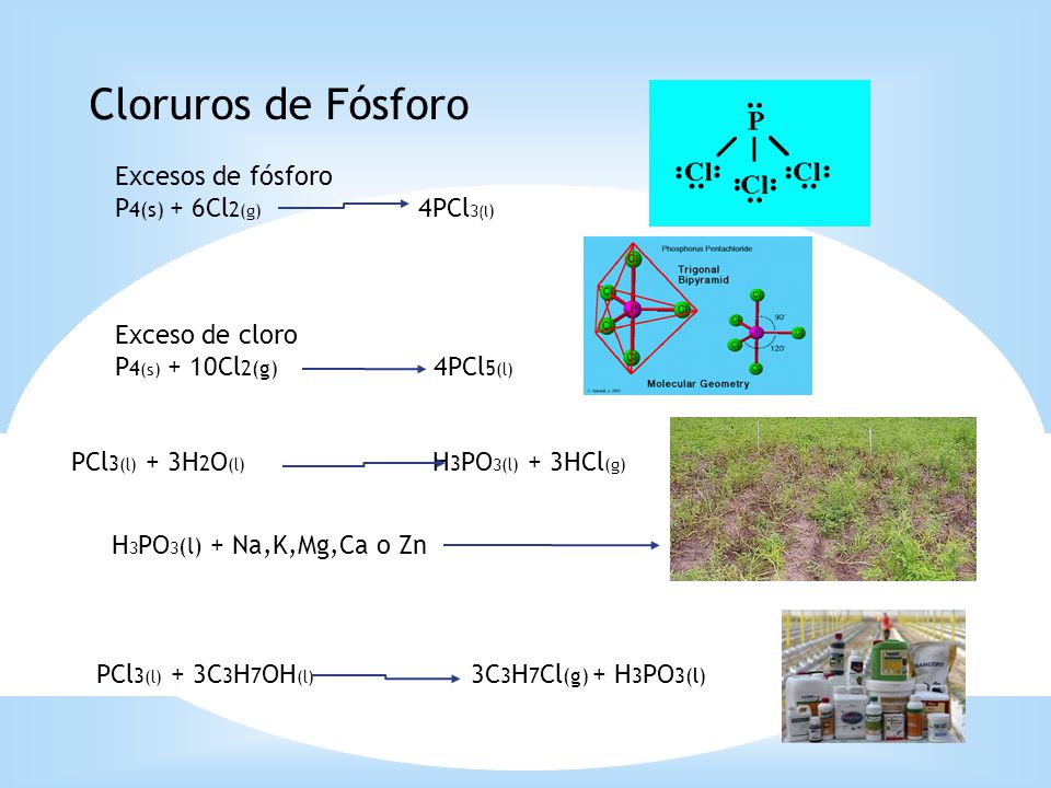 Cloruros de Fósforo Excesos de fósforo P4(s) + 6Cl2(g) 4PCl3(l)