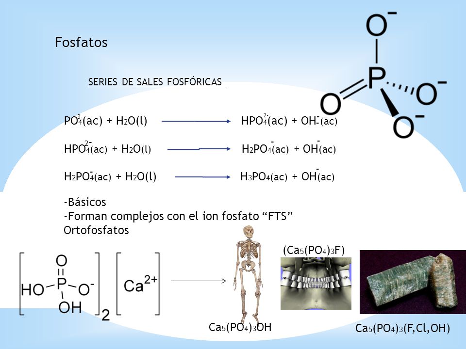 Fosfatos - PO4(ac) + H2O(l) HPO4(ac) + OH (ac) -