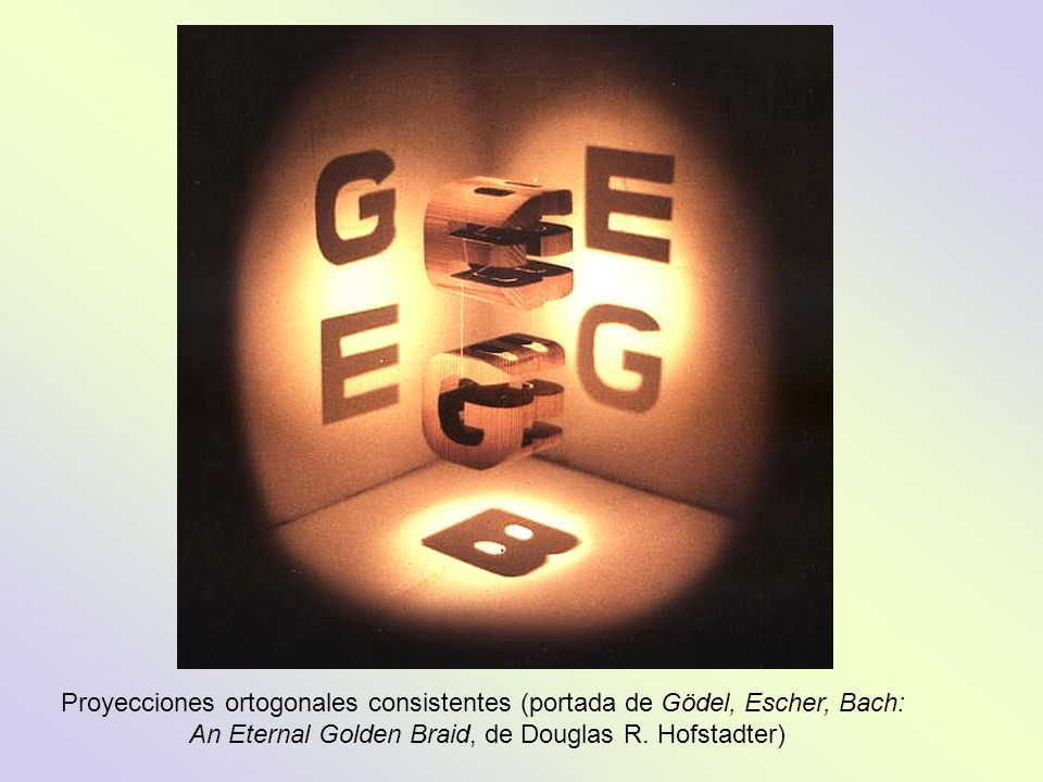 Proyecciones ortogonales consistentes (portada de Gödel, Escher, Bach: An Eternal Golden Braid, de Douglas R.