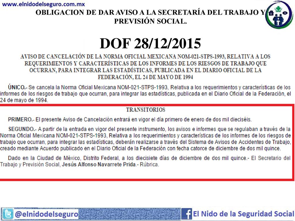OBLIGACION DE DAR AVISO A LA SECRETARÍA DEL TRABAJO Y PREVISIÓN SOCIAL.