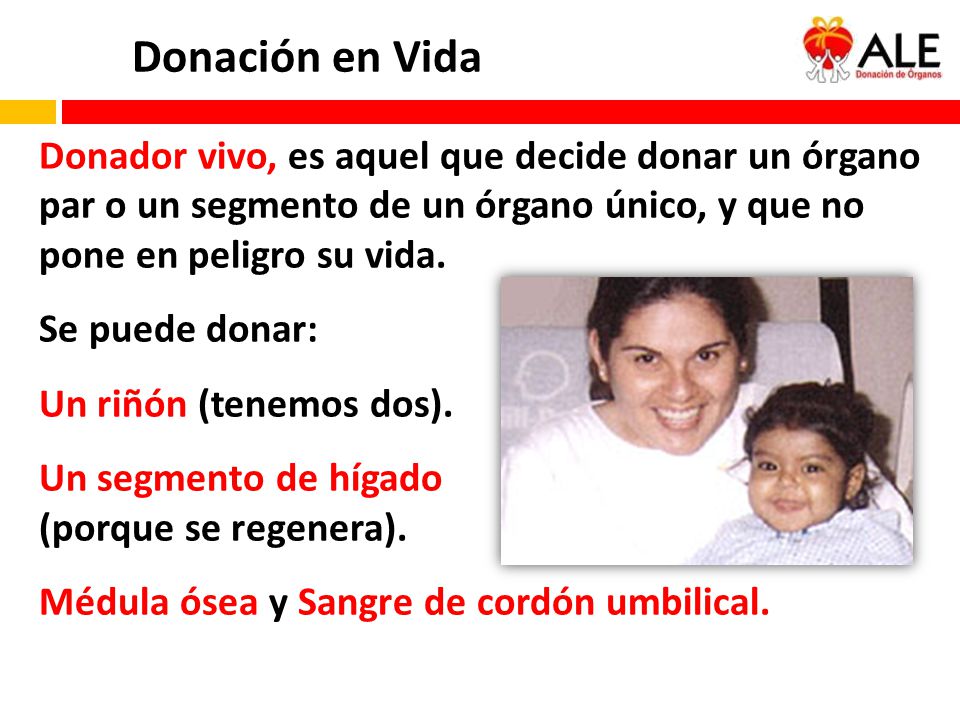 Donación en Vida Donador vivo, es aquel que decide donar un órgano par o un segmento de un órgano único, y que no pone en peligro su vida.