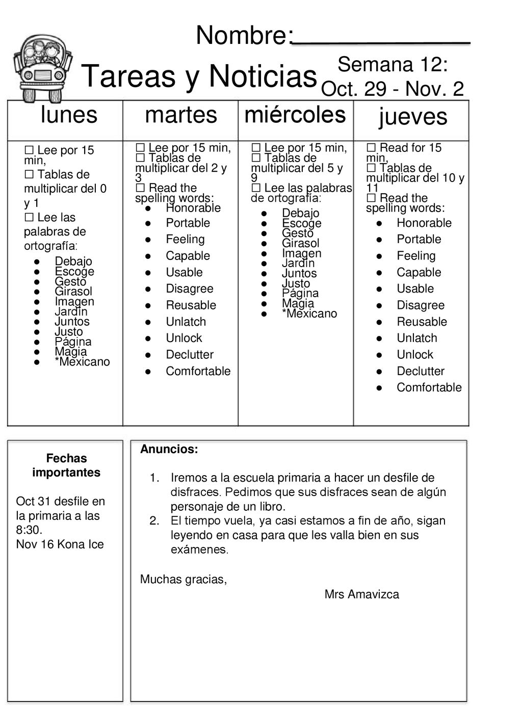 Tareas y Noticias Nombre: lunes martes miércoles jueves Semana 12: