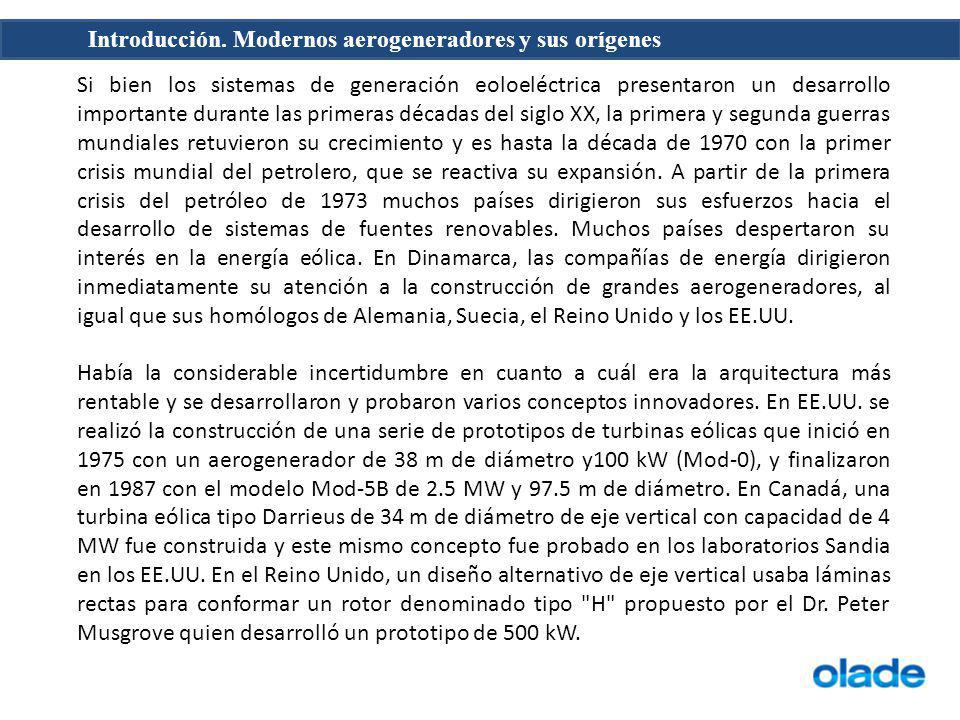 Si bien los sistemas de generación eoloeléctrica presentaron un desarrollo importante durante las primeras décadas del siglo XX, la primera y segunda guerras mundiales retuvieron su crecimiento y es hasta la década de 1970 con la primer crisis mundial del petrolero, que se reactiva su expansión. A partir de la primera crisis del petróleo de 1973 muchos países dirigieron sus esfuerzos hacia el desarrollo de sistemas de fuentes renovables. Muchos países despertaron su interés en la energía eólica. En Dinamarca, las compañías de energía dirigieron inmediatamente su atención a la construcción de grandes aerogeneradores, al igual que sus homólogos de Alemania, Suecia, el Reino Unido y los EE.UU.