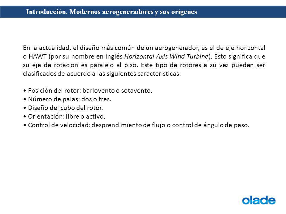 En la actualidad, el diseño más común de un aerogenerador, es el de eje horizontal o HAWT (por su nombre en inglés Horizontal Axis Wind Turbine). Esto significa que su eje de rotación es paralelo al piso. Este tipo de rotores a su vez pueden ser clasificados de acuerdo a las siguientes características: