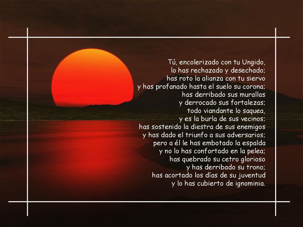 Tú, encolerizado con tu Ungido, lo has rechazado y desechado; has roto la alianza con tu siervo y has profanado hasta el suelo su corona; has derribado sus murallas y derrocado sus fortalezas; todo viandante lo saquea, y es la burla de sus vecinos; has sostenido la diestra de sus enemigos y has dado el triunfo a sus adversarios; pero a él le has embotado la espalda y no lo has confortado en la pelea; has quebrado su cetro glorioso y has derribado su trono; has acortado los días de su juventud y lo has cubierto de ignominia.