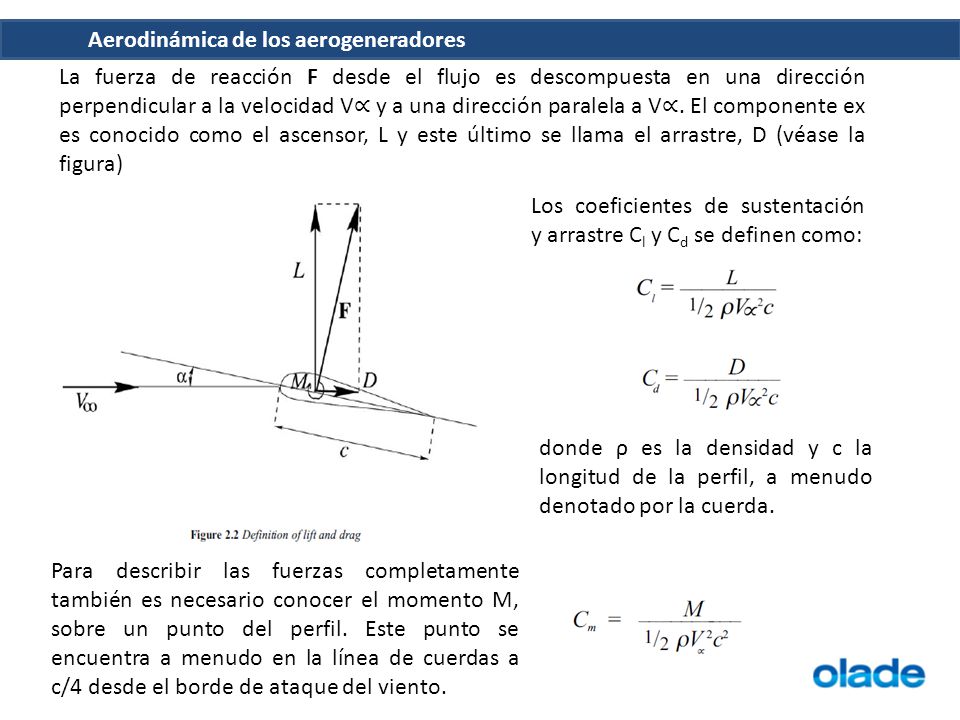 La fuerza de reacción F desde el flujo es descompuesta en una dirección perpendicular a la velocidad V∝ y a una dirección paralela a V∝. El componente ex es conocido como el ascensor, L y este último se llama el arrastre, D (véase la figura)