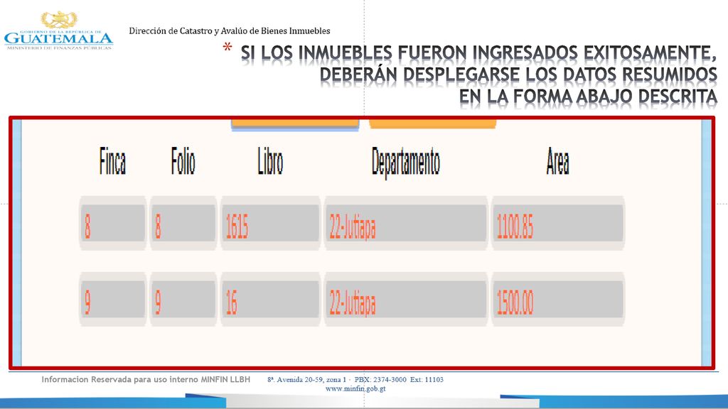 SI LOS INMUEBLES FUERON INGRESADOS EXITOSAMENTE, DEBERÁN DESPLEGARSE LOS DATOS RESUMIDOS EN LA FORMA ABAJO DESCRITA