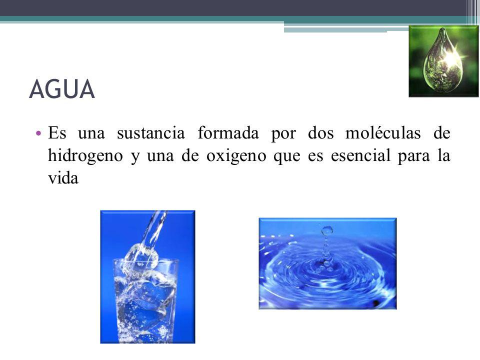 AGUA Es una sustancia formada por dos moléculas de hidrogeno y una de oxigeno que es esencial para la vida.