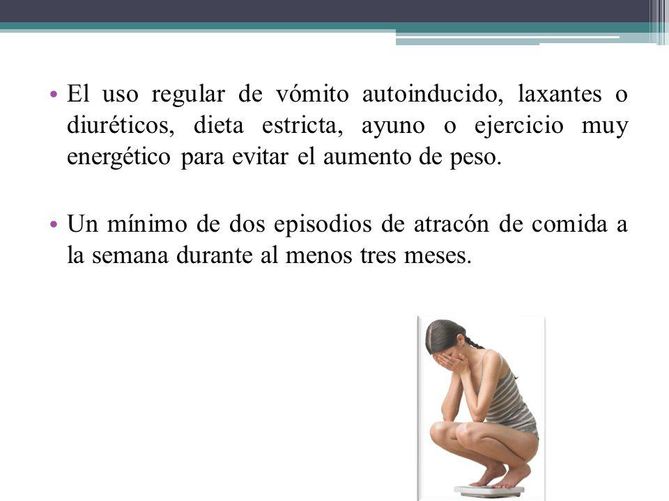 El uso regular de vómito autoinducido, laxantes o diuréticos, dieta estricta, ayuno o ejercicio muy energético para evitar el aumento de peso.