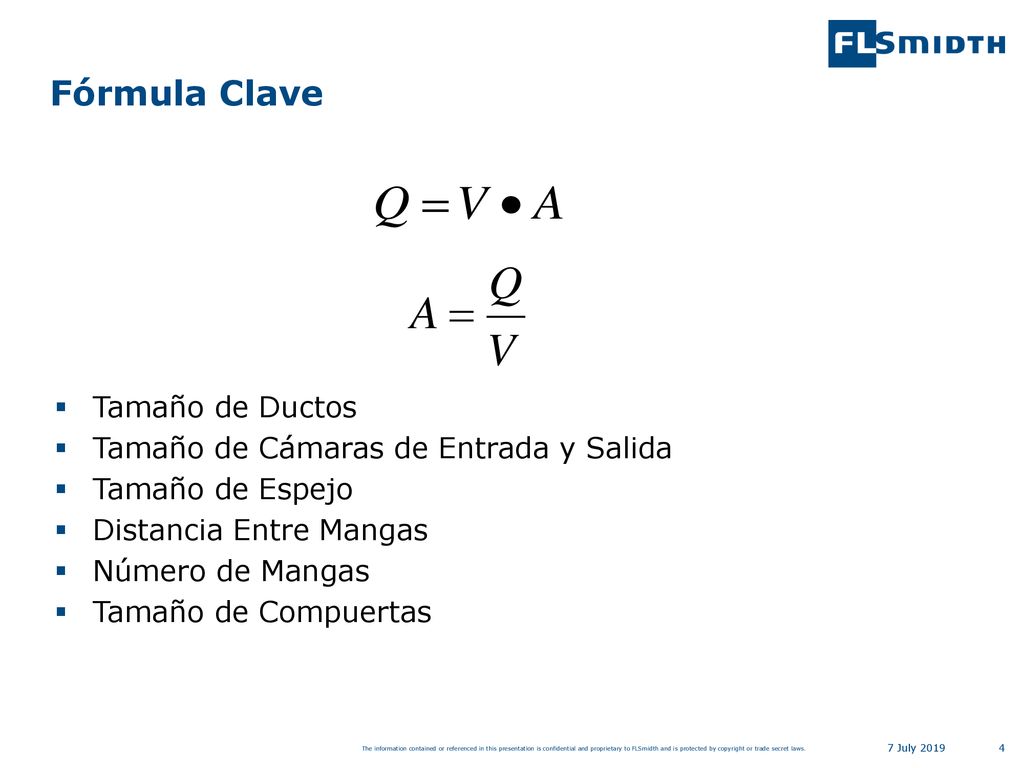 Fórmula Clave Tamaño de Ductos Tamaño de Cámaras de Entrada y Salida
