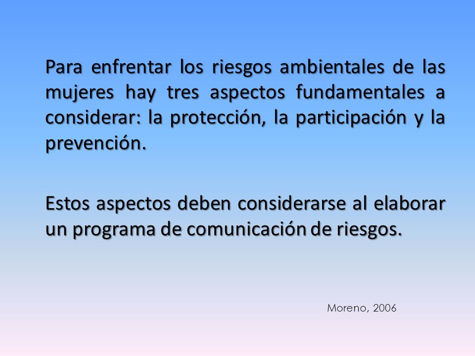 Para enfrentar los riesgos ambientales de las mujeres hay tres aspectos fundamentales a considerar: la protección, la participación y la prevención.