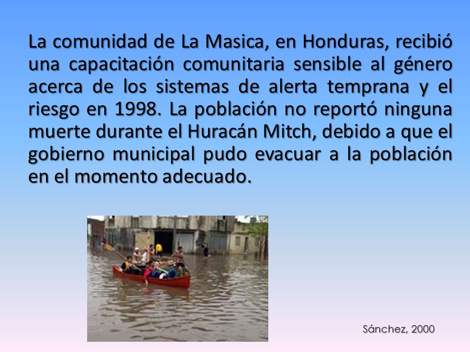 La comunidad de La Masica, en Honduras, recibió una capacitación comunitaria sensible al género acerca de los sistemas de alerta temprana y el riesgo en La población no reportó ninguna muerte durante el Huracán Mitch, debido a que el gobierno municipal pudo evacuar a la población en el momento adecuado.