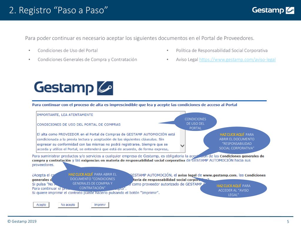 2. Registro Paso a Paso Para poder continuar es necesario aceptar los siguientes documentos en el Portal de Proveedores.