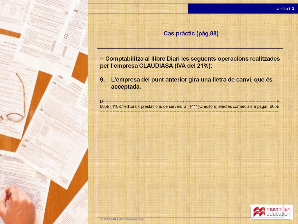 Cas pràctic (pàg.88) ·· Comptabilitza al llibre Diari les següents operacions realitzades per l’empresa CLAUDIASA (IVA del 21%):