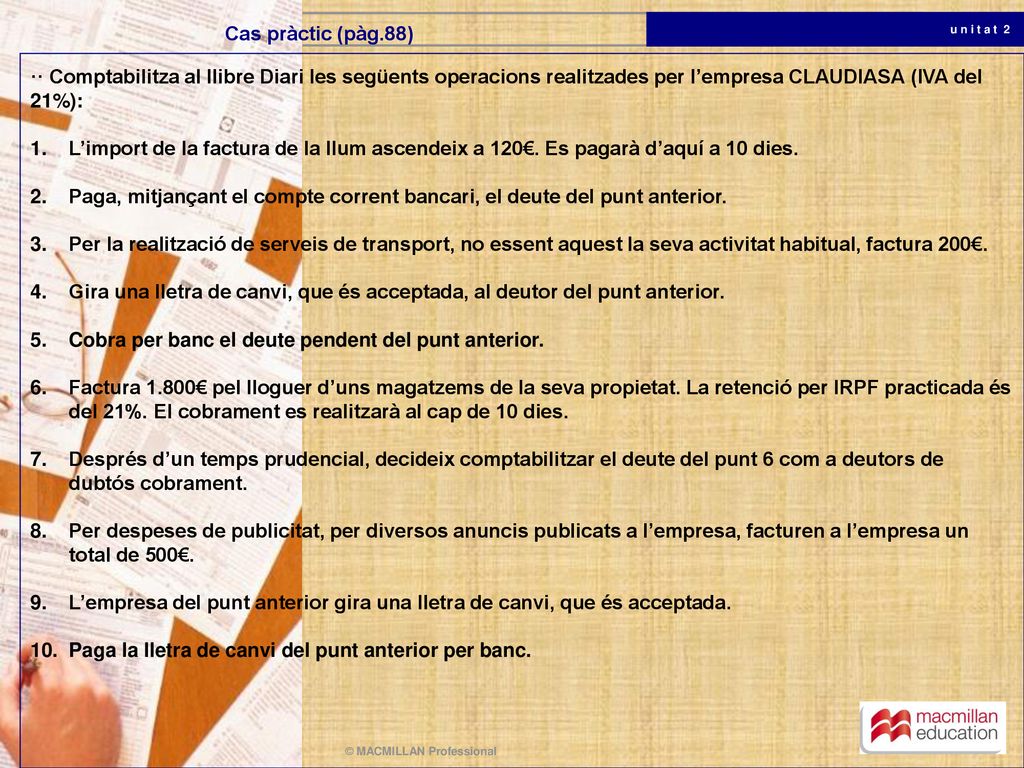 Cas pràctic (pàg.88) ·· Comptabilitza al llibre Diari les següents operacions realitzades per l’empresa CLAUDIASA (IVA del 21%):