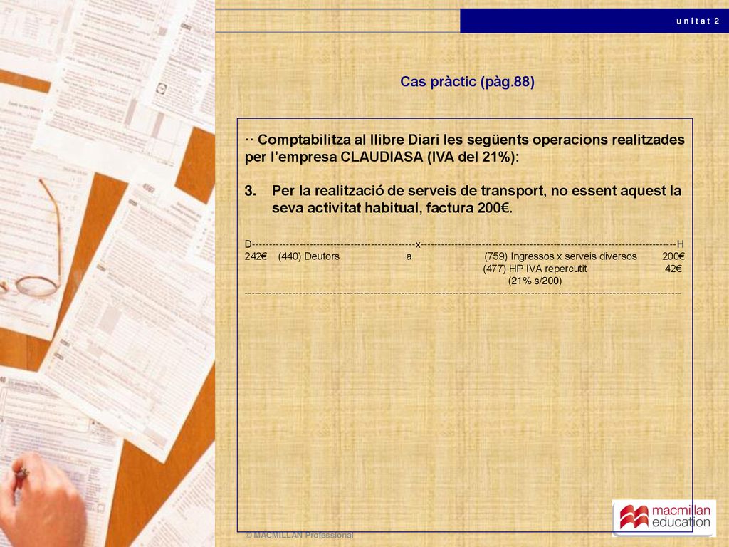 Cas pràctic (pàg.88) ·· Comptabilitza al llibre Diari les següents operacions realitzades per l’empresa CLAUDIASA (IVA del 21%):