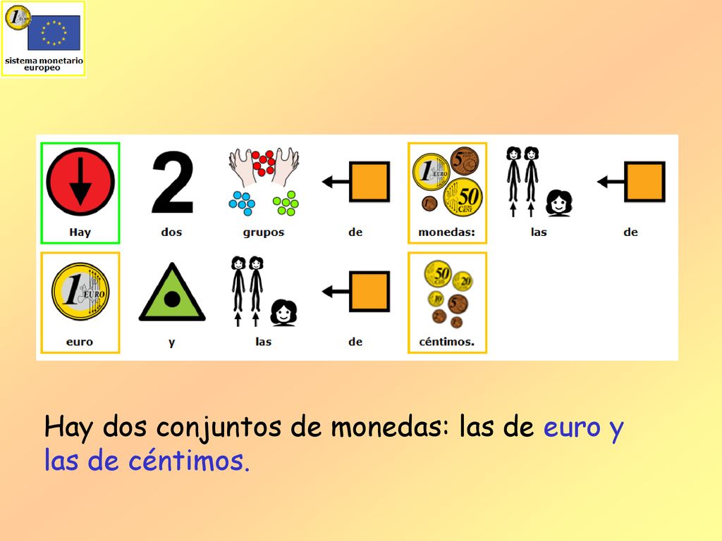 Hay dos conjuntos de monedas: las de euro y las de céntimos.