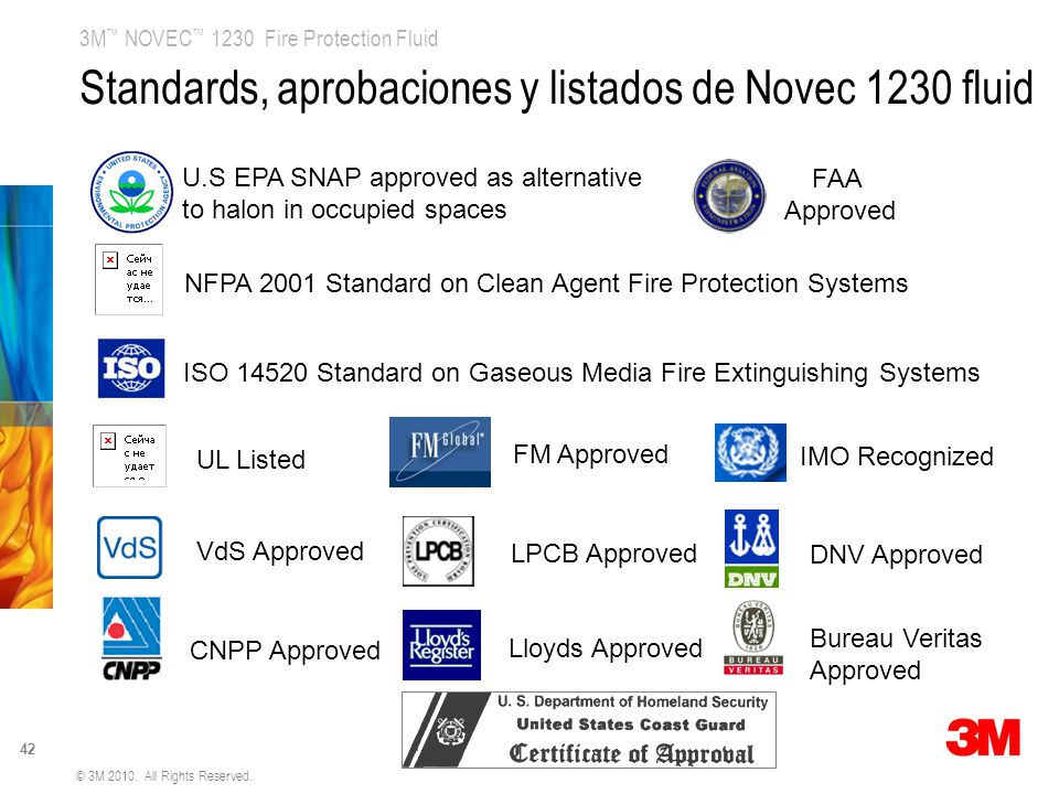 Standards, aprobaciones y listados de Novec 1230 fluid