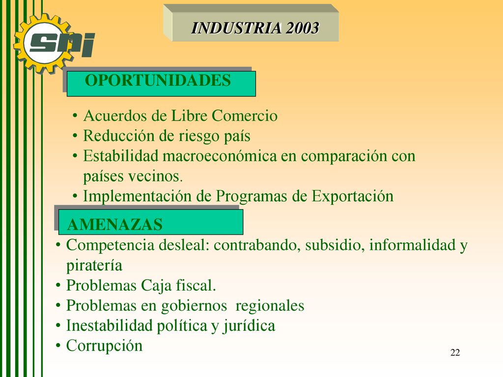 INDUSTRIA 2003 OPORTUNIDADES. Acuerdos de Libre Comercio. Reducción de riesgo país. Estabilidad macroeconómica en comparación con países vecinos.