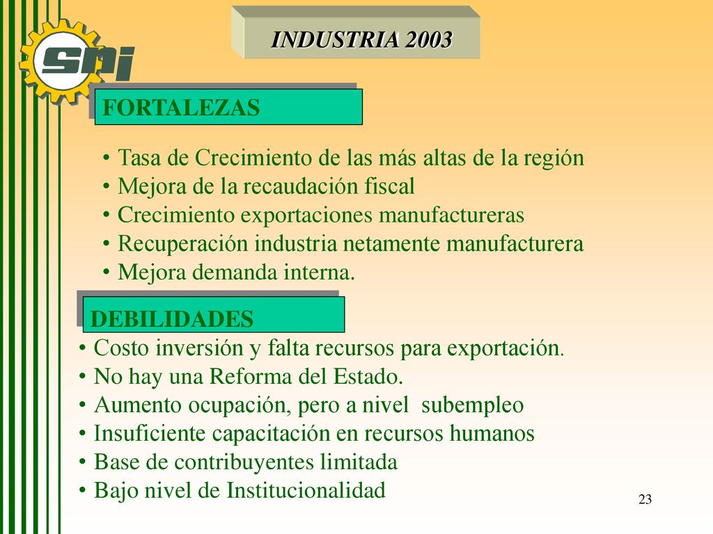 INDUSTRIA 2003 FORTALEZAS. Tasa de Crecimiento de las más altas de la región. Mejora de la recaudación fiscal.