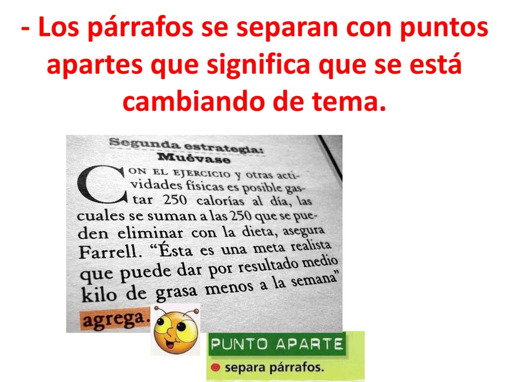 - Los párrafos se separan con puntos apartes que significa que se está cambiando de tema.