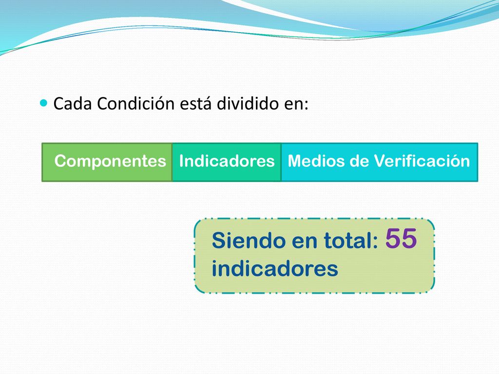 Siendo en total: 55 indicadores Cada Condición está dividido en: