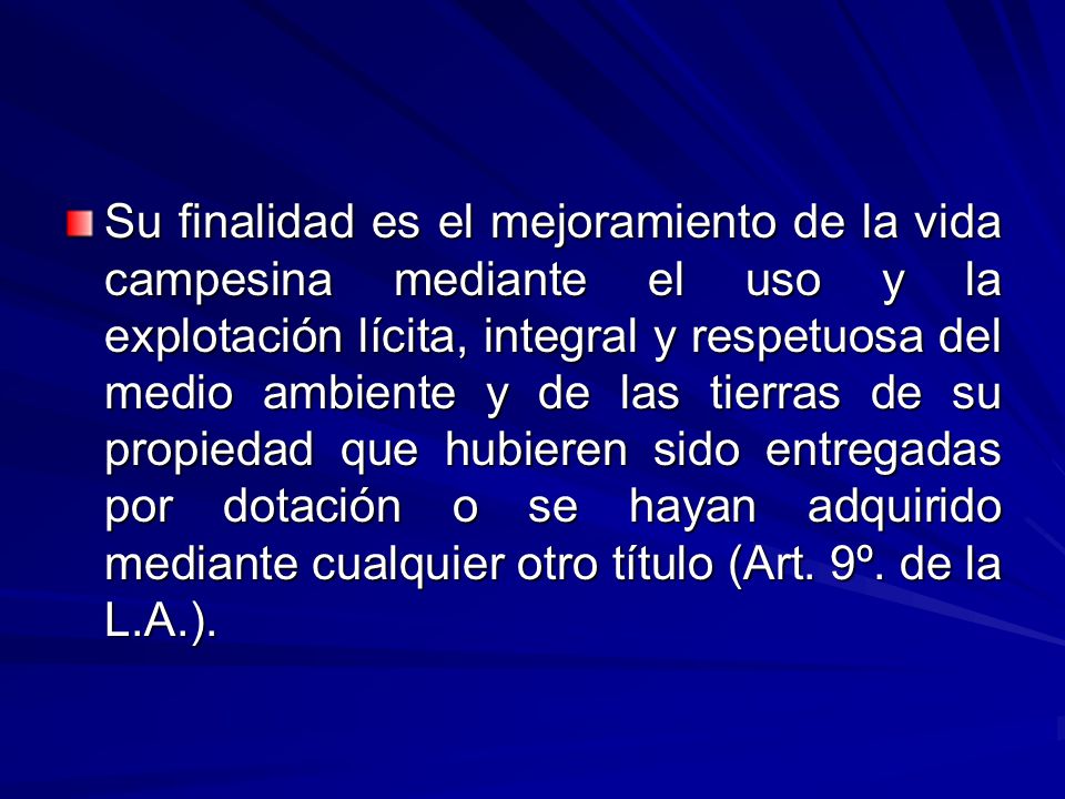 Su finalidad es el mejoramiento de la vida campesina mediante el uso y la explotación lícita, integral y respetuosa del medio ambiente y de las tierras de su propiedad que hubieren sido entregadas por dotación o se hayan adquirido mediante cualquier otro título (Art.