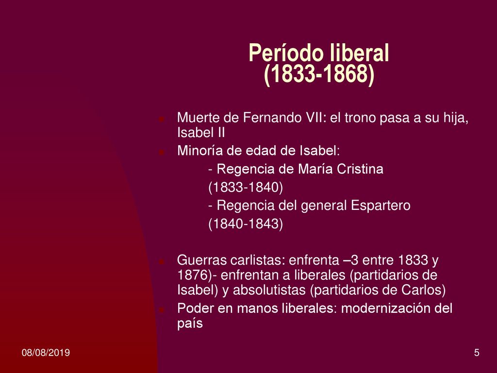 Período liberal ( ) Muerte de Fernando VII: el trono pasa a su hija, Isabel II. Minoría de edad de Isabel: