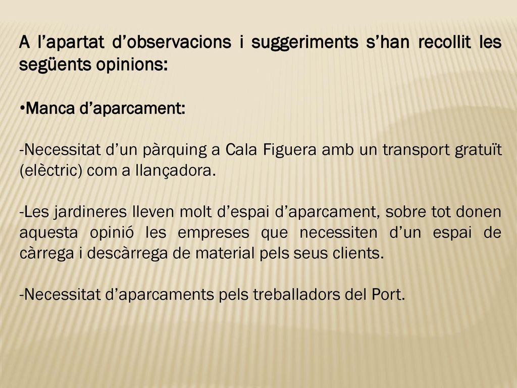 A l’apartat d’observacions i suggeriments s’han recollit les següents opinions: