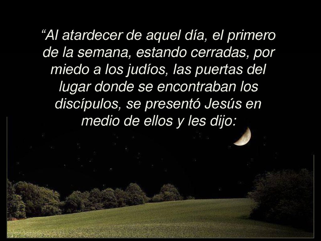 Al atardecer de aquel día, el primero de la semana, estando cerradas, por miedo a los judíos, las puertas del lugar donde se encontraban los discípulos, se presentó Jesús en medio de ellos y les dijo: